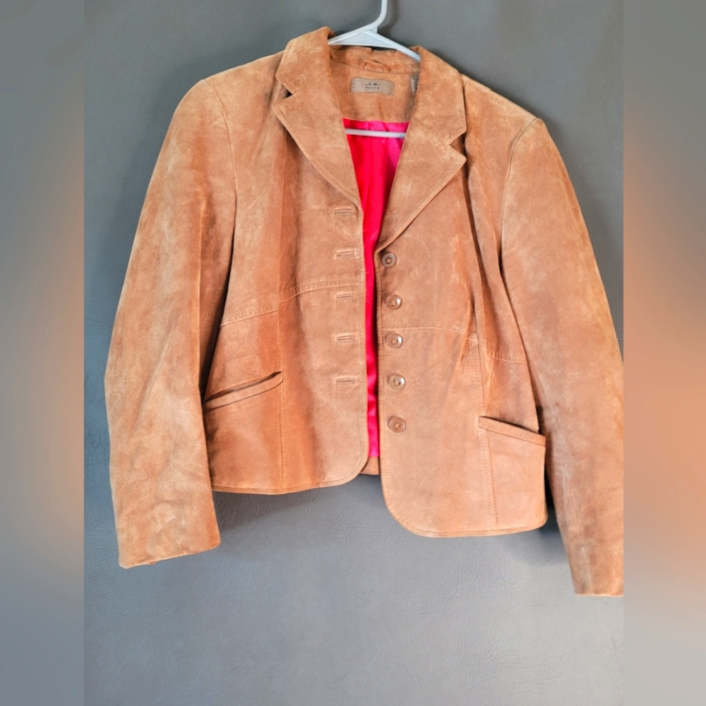 Suede Button-Front Leather Jacket in Tan